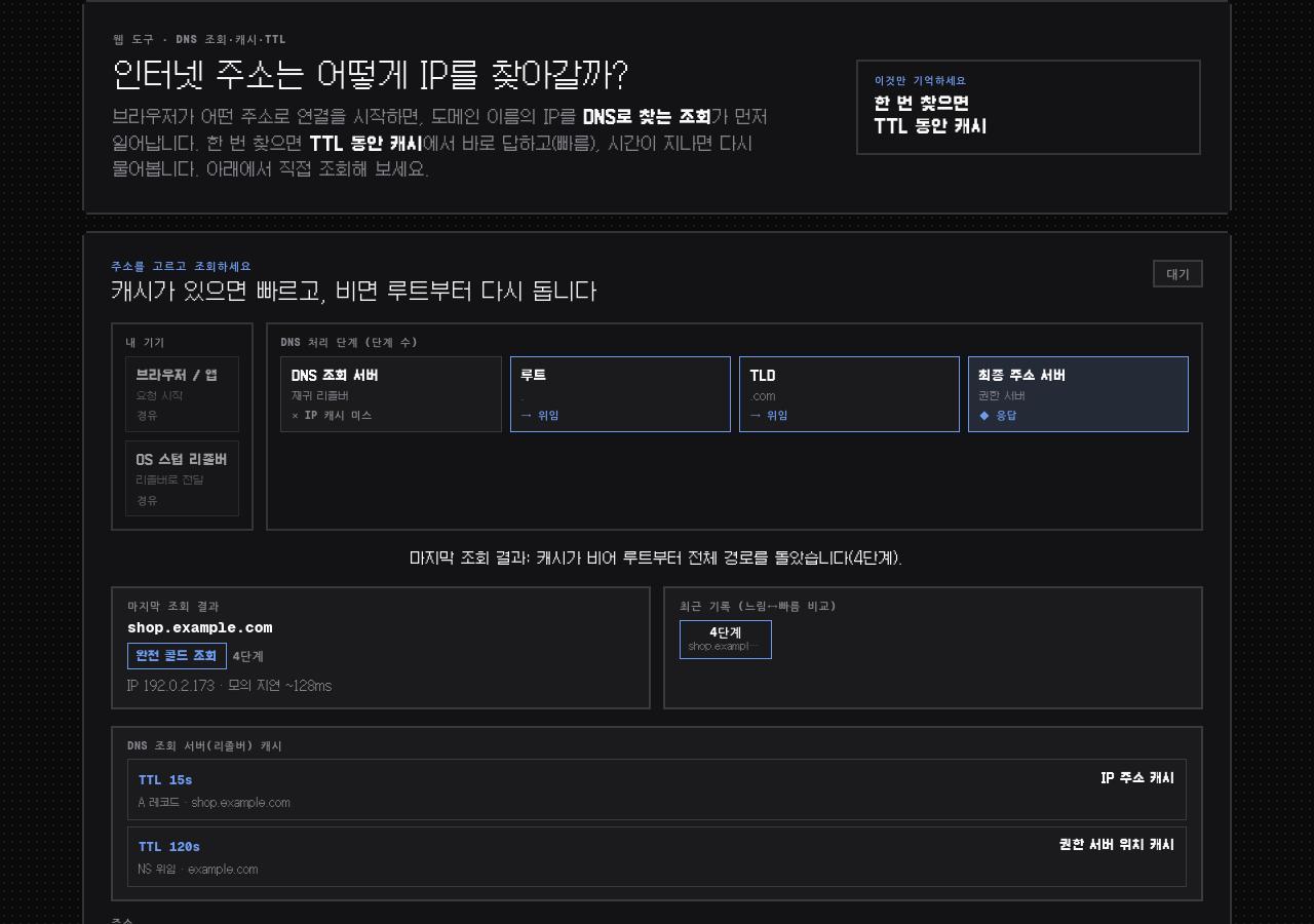 주소창에 친 이름이 IP가 되기까지, DNS 조회 4단계 데모 화면