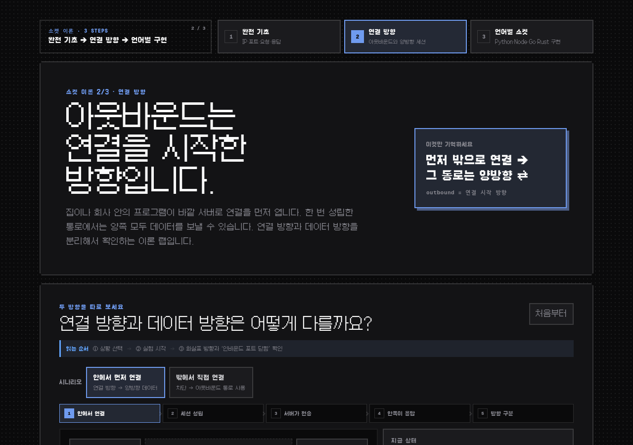 아웃바운드는 데이터 방향이 아니라 연결을 시작한 쪽입니다 데모 화면