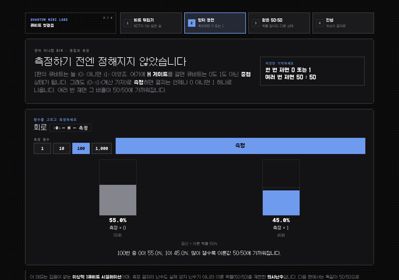큐비트를 열 번 재고 내린 결론은 대체로 틀립니다 데모 화면