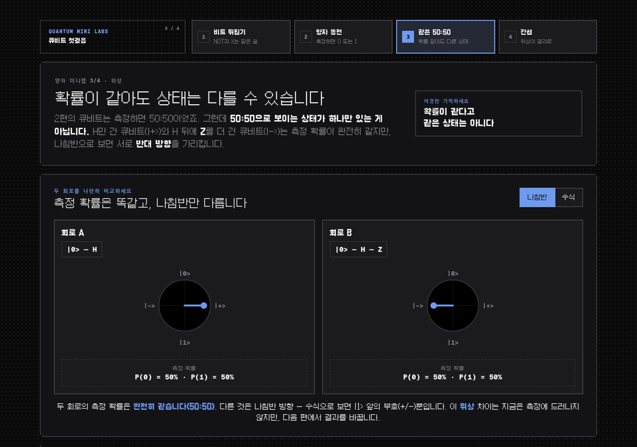 확률이 같아도 같은 큐비트는 아닙니다 데모 화면