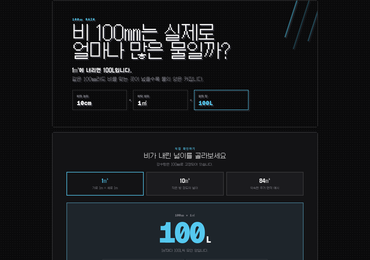 비 100㎜는 1㎡마다 생수병 50개입니다 데모 화면
